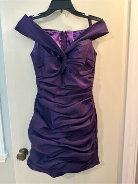Off-Shoulder Ruched Mini Dress in Purple